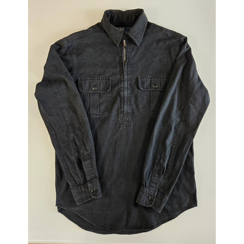 Polo Ralph Lauren Mens Small Black Canvas Quarter Zip Utility Popover Shirt